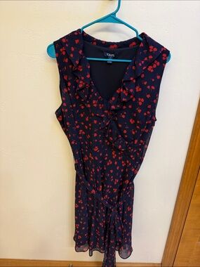 Chaps Navy Floral Ruffle V-Neck Dress with Red Accents